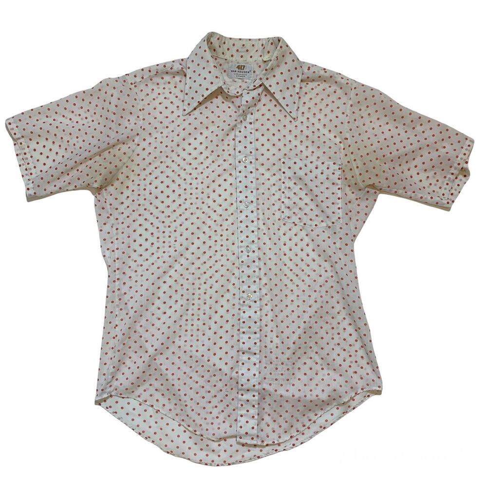 Vintage 60s 70s Van Heusen 417 Vanopress Polka Dot Short Sleeve Shirt Size Small